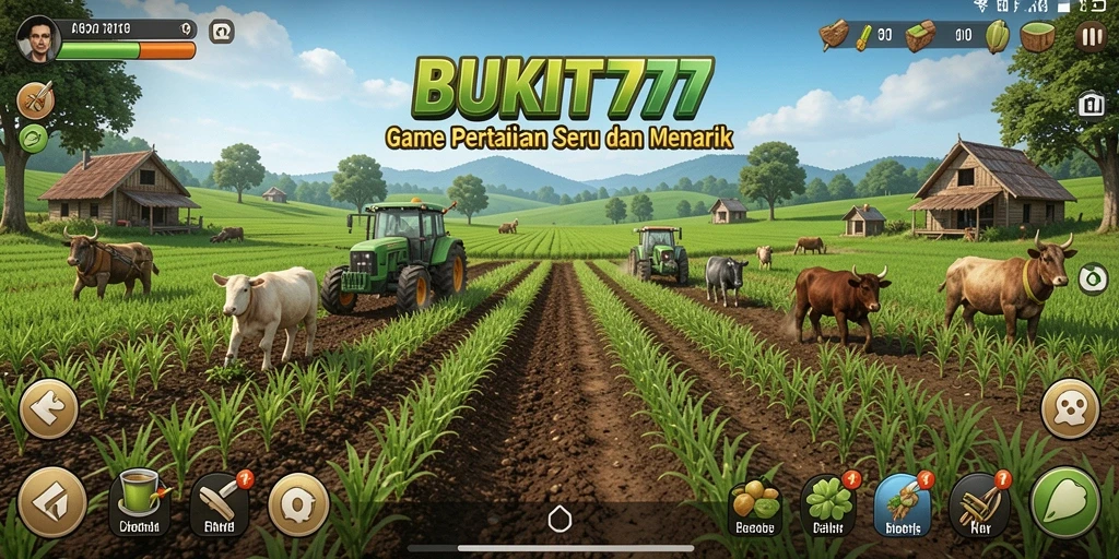 Tampilan gameplay BUKIT777 dengan berbagai tanaman dan aktivitas bertani.