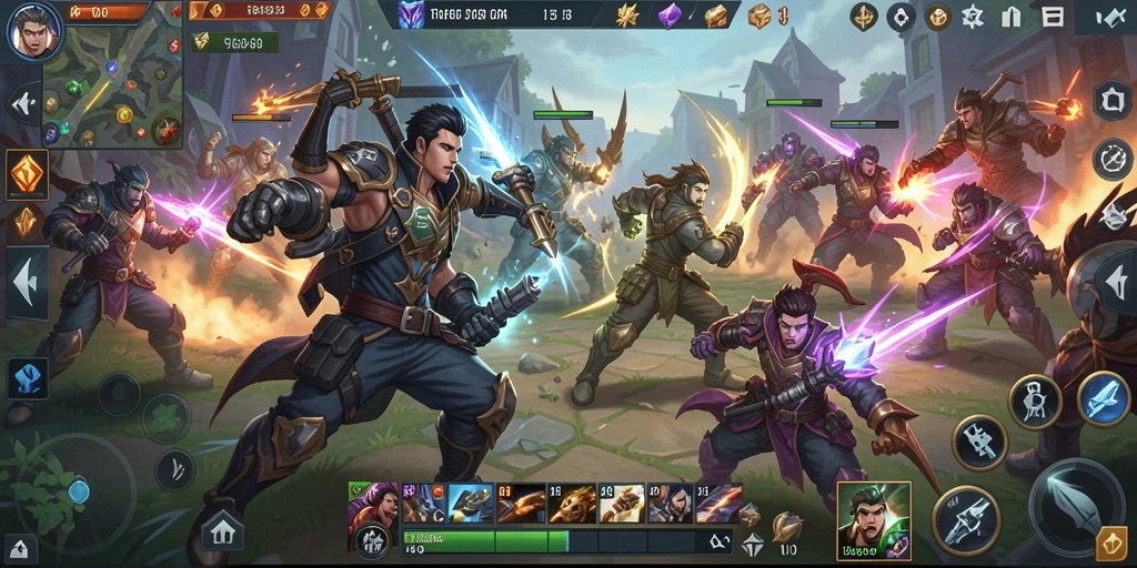 Tampilan screenshot gameplay FO8 dengan karakter bertarung di arena MOBA.