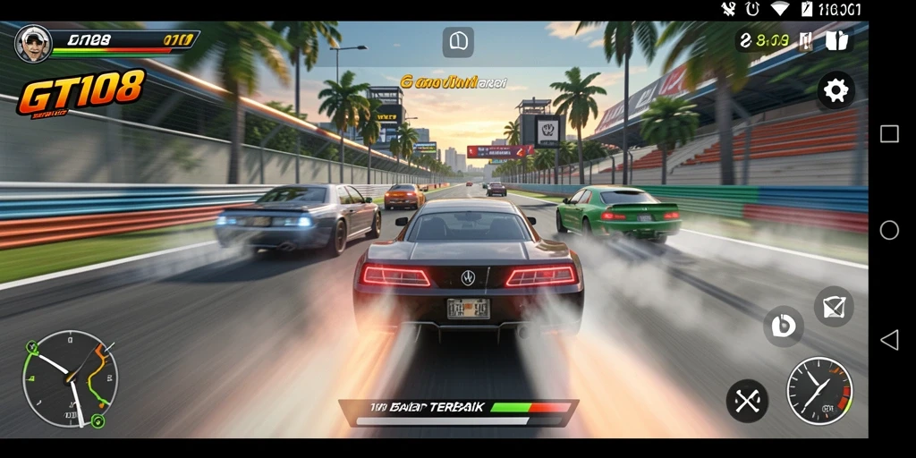 Screenshot dari gameplay GT108 yang menunjukkan aksi balap yang seru dan mendebarkan.