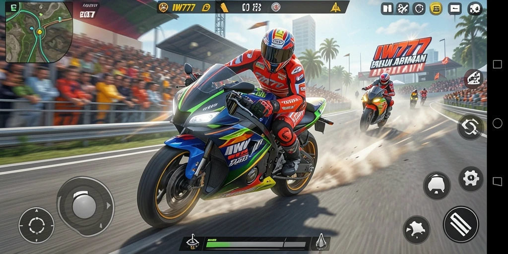 Screenshot IW777 menampilkan balapan motor yang seru dan menegangkan.