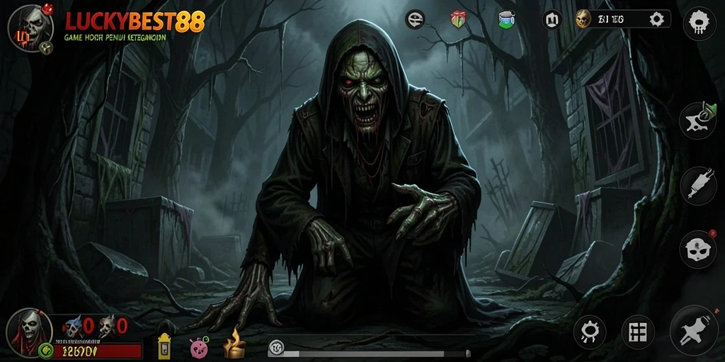 Tangkapan layar gameplay LUCKYBEST88 yang menampilkan suasana menakutkan dan karakter horor.