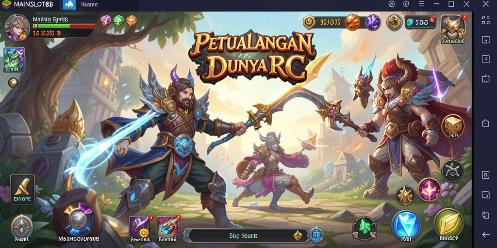 Screenshot utama MAINSLOT88 menampilkan aksi pertempuran seru antara karakter dan monster.
