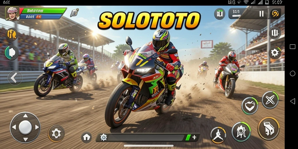 Screenshot SOLOTOTO menampilkan aksi balapan motor yang seru di lintasan.