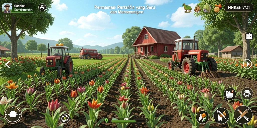 Tampilan gameplay V21 dengan kebun yang rimbun dan tanaman yang siap dipanen.